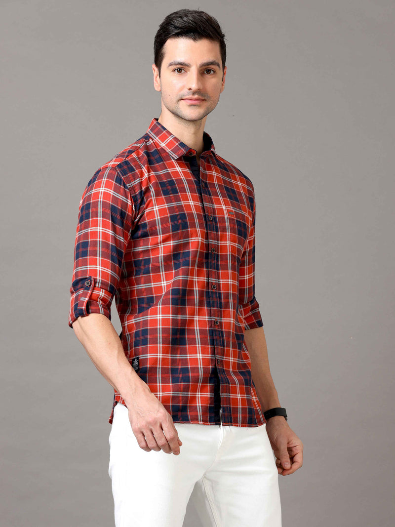 Shop Men's Navy And Red Slim Fit Cotton Casual Check Shirt Online.