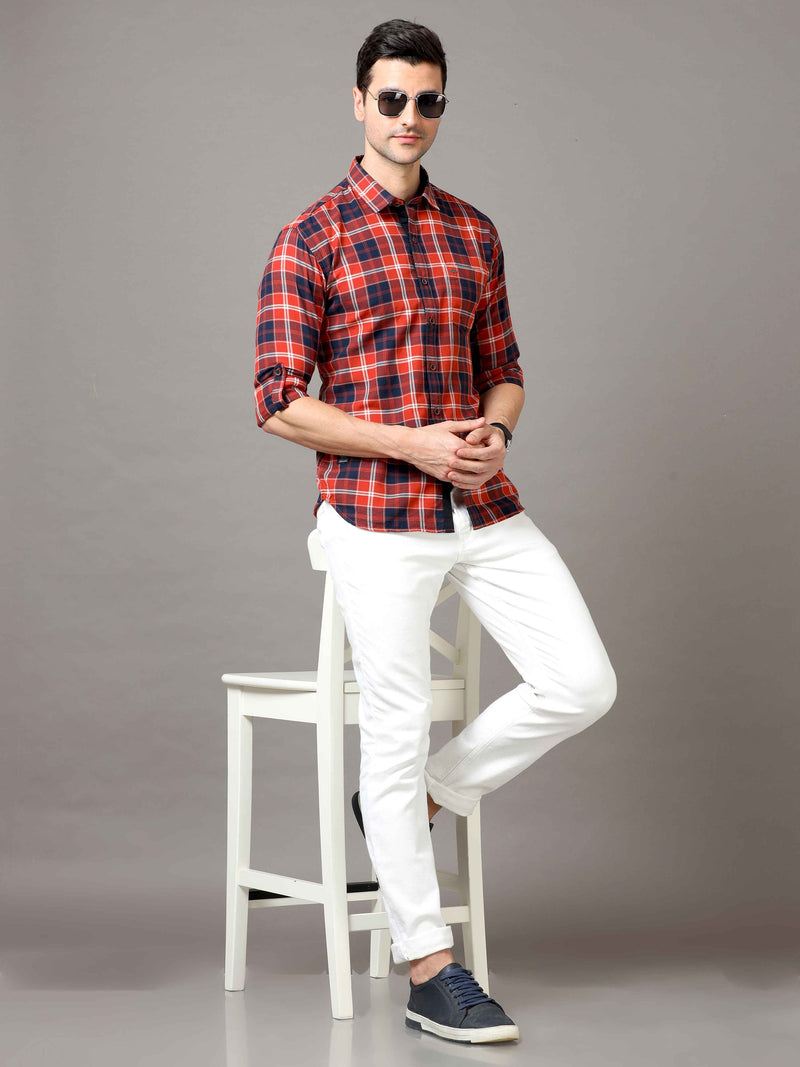 Shop Men's Navy And Red Slim Fit Cotton Casual Check Shirt Online.