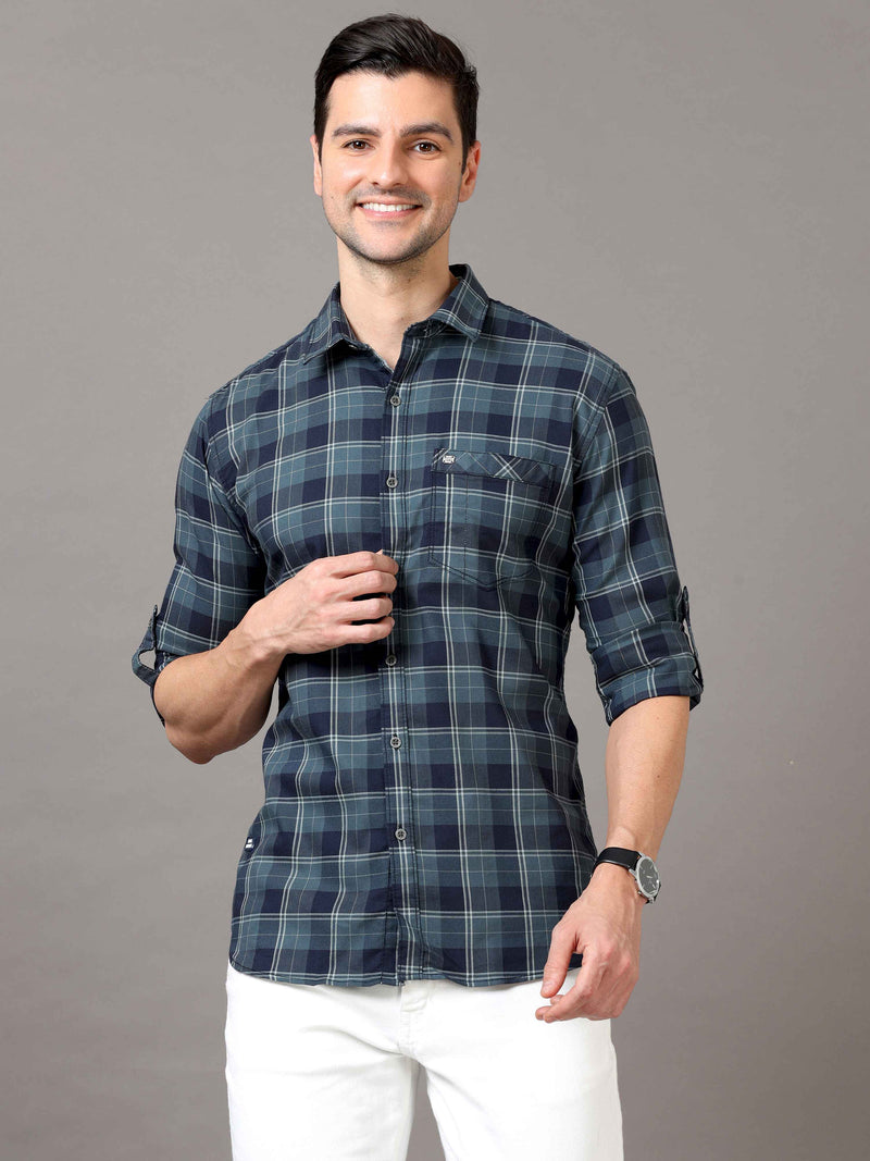 Shop Men's Navy Slim Fit Cotton Casual Checks Shirt Online.