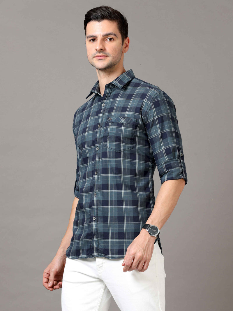 Shop Men's Navy Slim Fit Cotton Casual Checks Shirt Online.