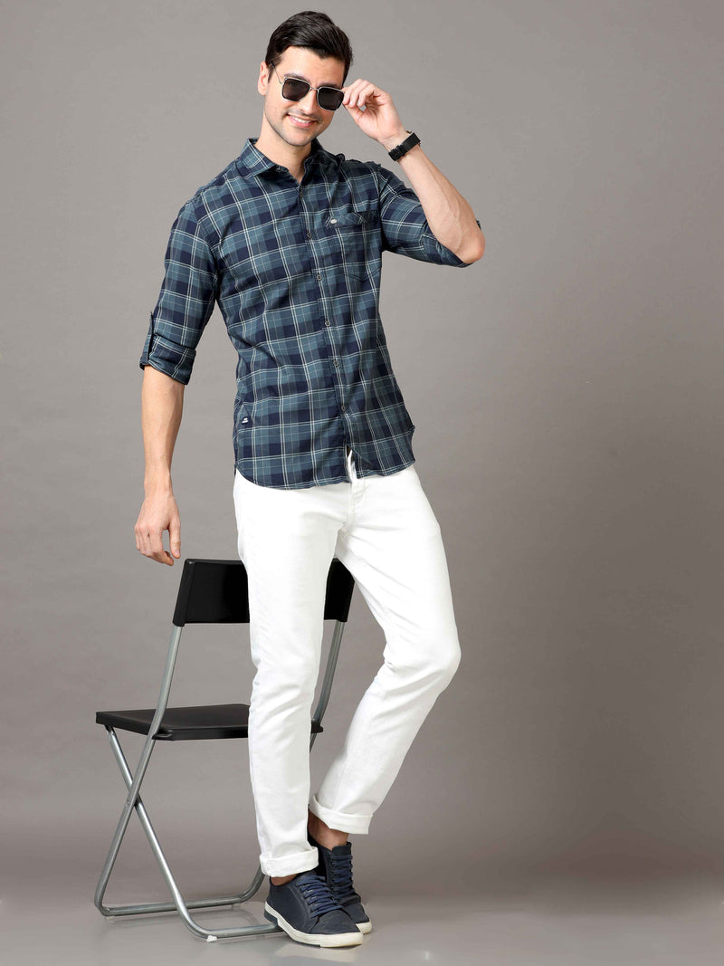 Shop Men's Navy Slim Fit Cotton Casual Checks Shirt Online.