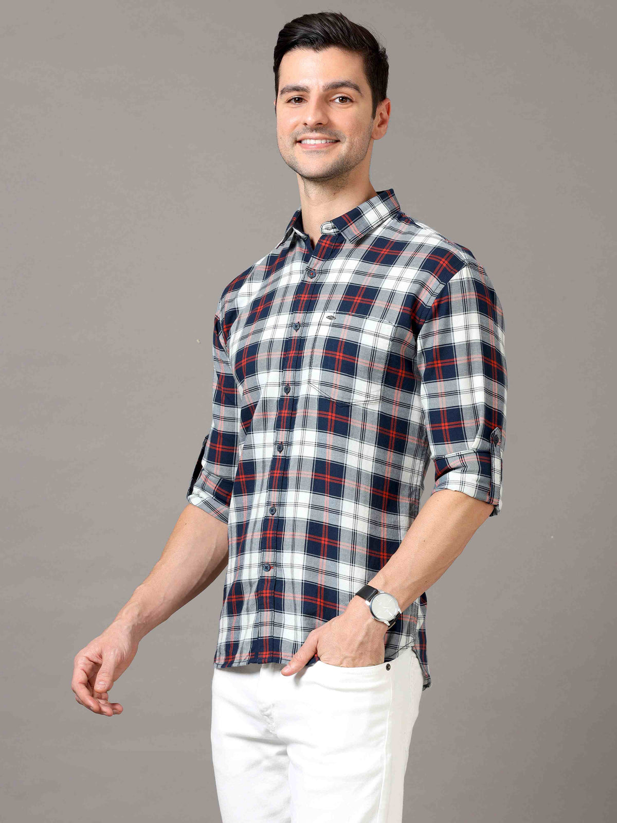 Men's White Red Slim Fit Checks Full Sleeves Casual Shirts