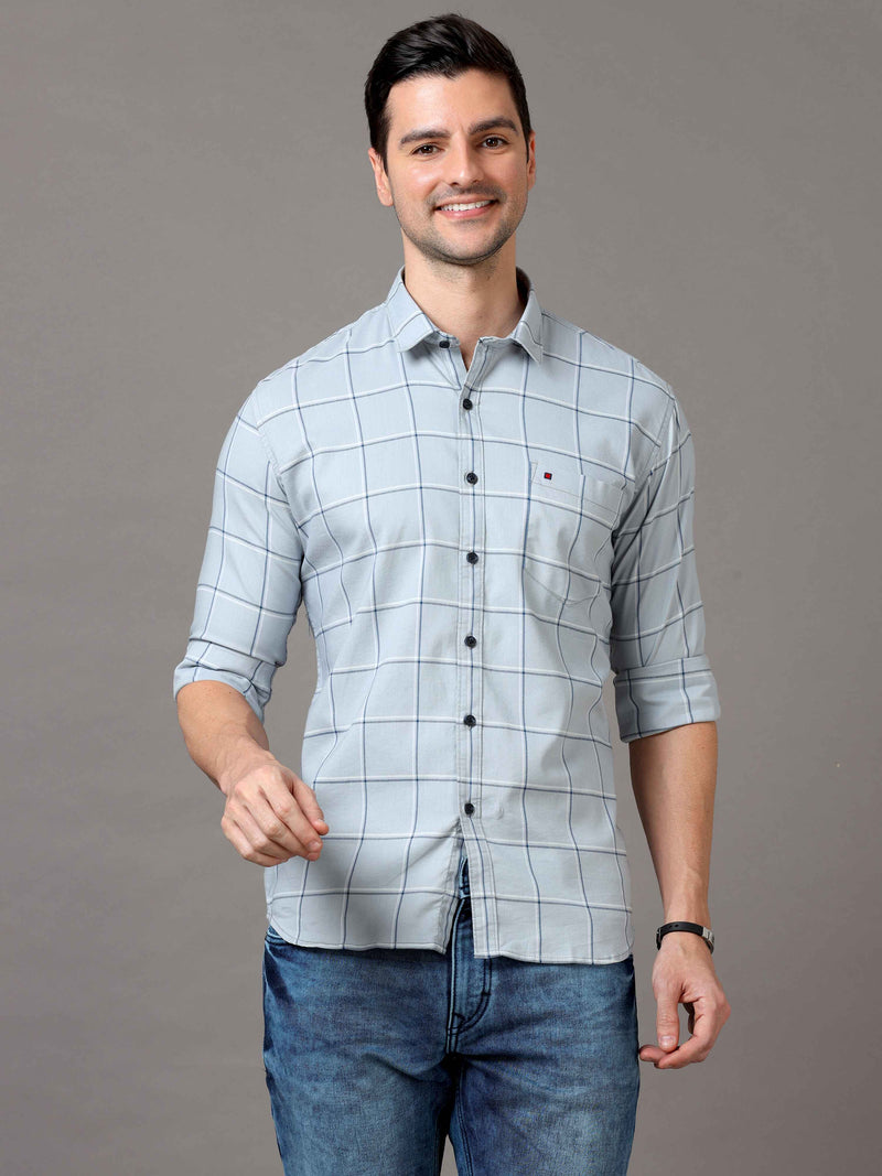 Shop Men's Grey Slim Fit Cotton Casual Checks Shirt Online.