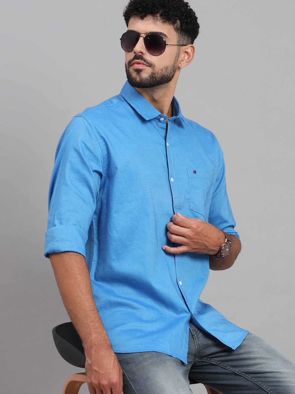 Shop Men's Blue Slim Fit Solid Full Sleeves Casual Shirts Online.