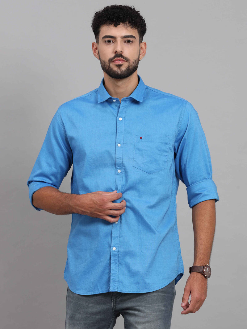 Shop Men's Blue Slim Fit Solid Full Sleeves Casual Shirts Online.