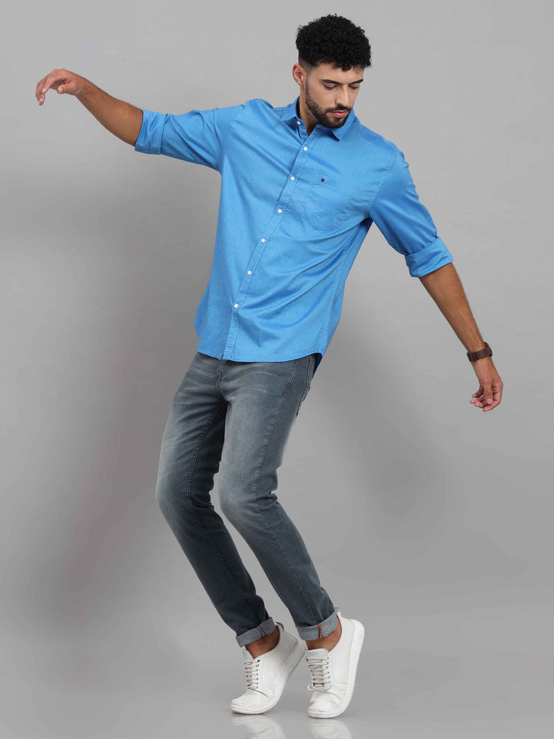 Shop Men's Blue Slim Fit Solid Full Sleeves Casual Shirts Online.