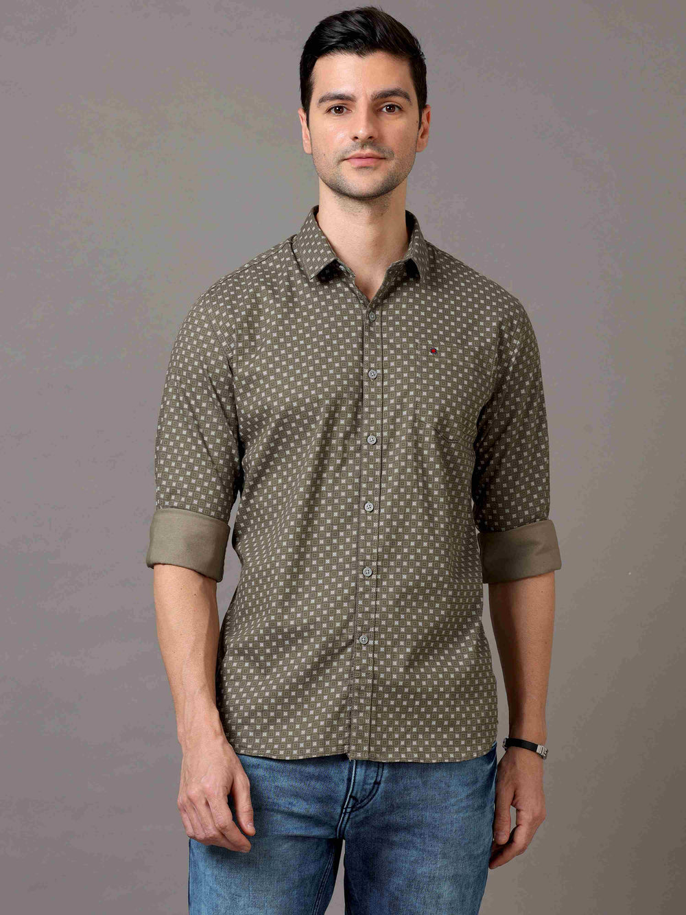 Men's Green Slim Fit Printed Full Sleeves Casual Shirts