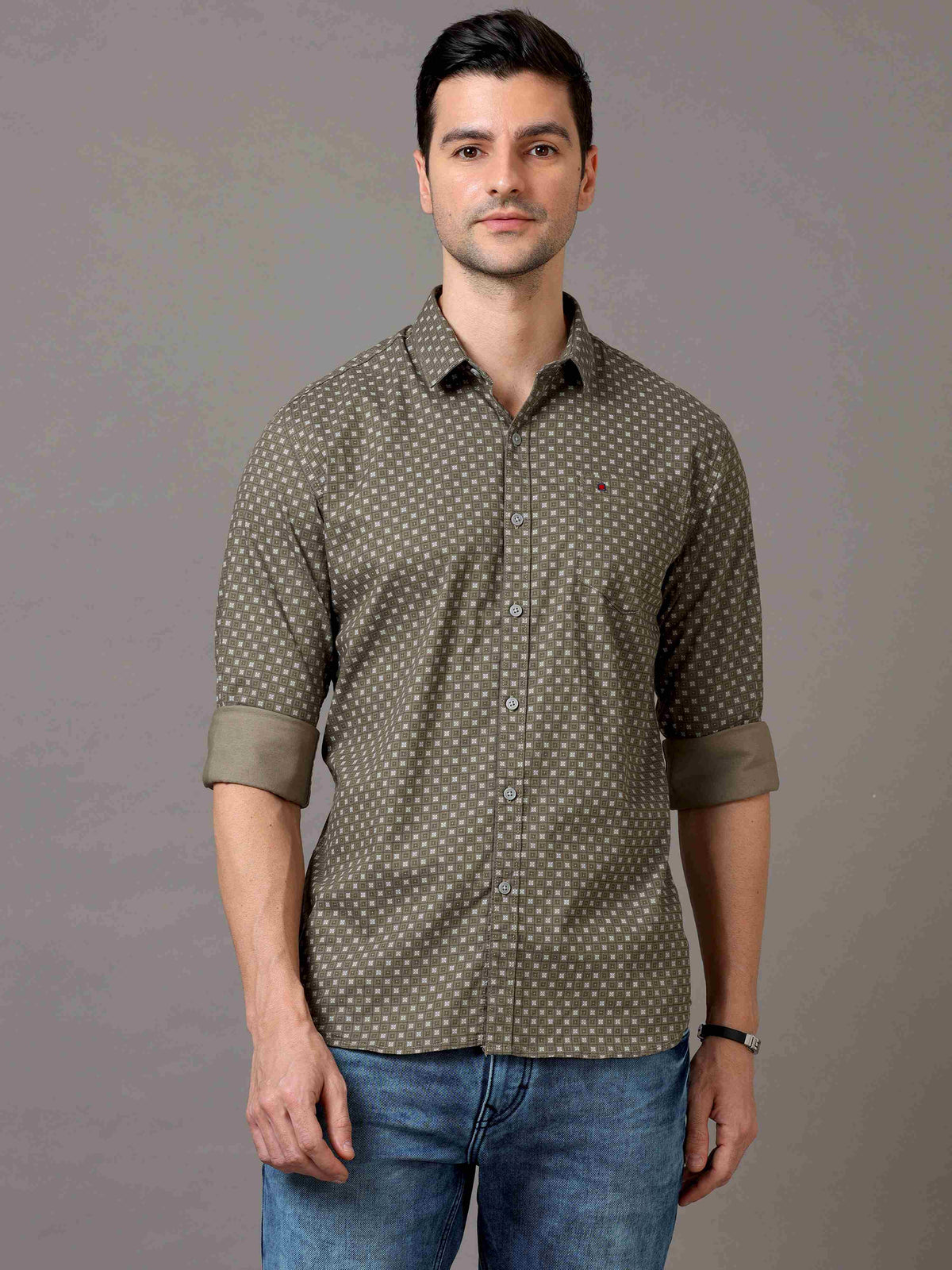 Men's Green Slim Fit Printed Full Sleeves Casual Shirts