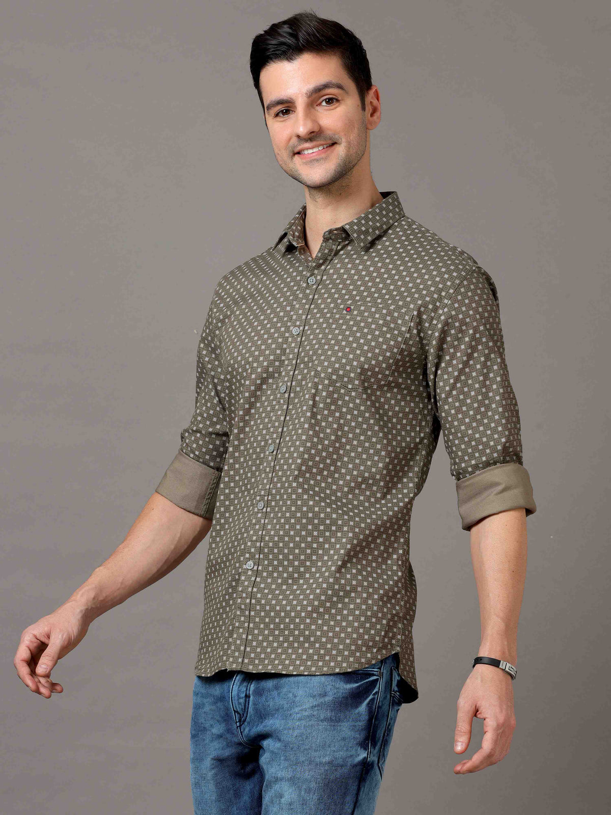 Men's Green Slim Fit Printed Full Sleeves Casual Shirts