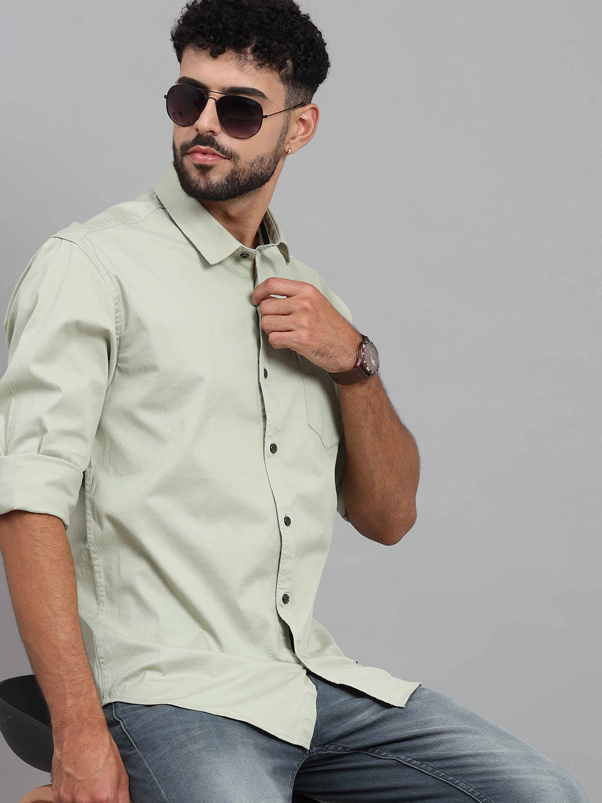 Men's Pistachio Green Slim Fit Solid Full Sleeves Casual Shirts