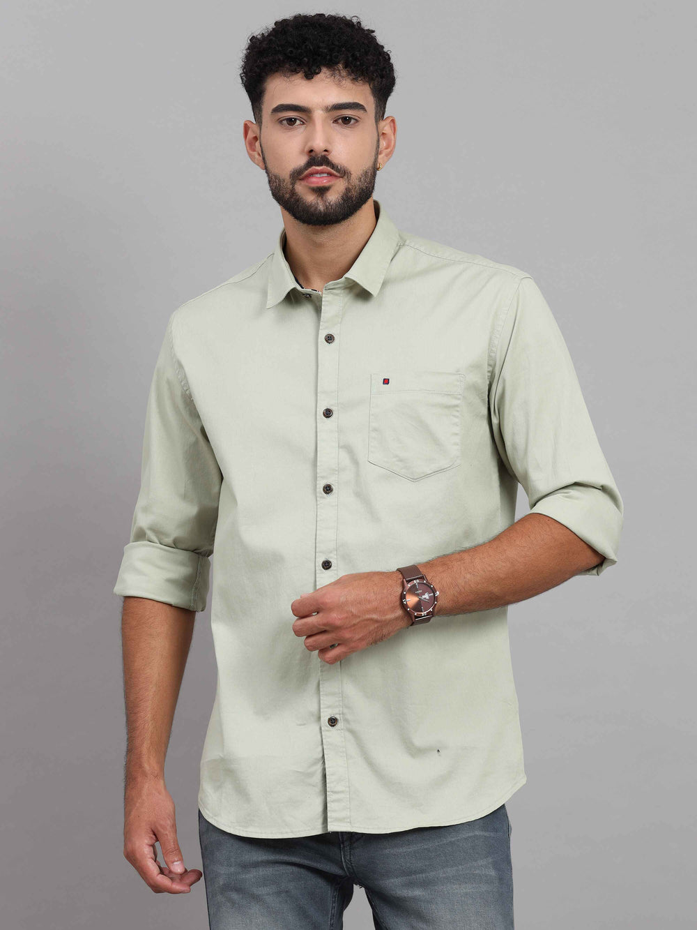 Men's Pistachio Green Slim Fit Solid Full Sleeves Casual Shirts