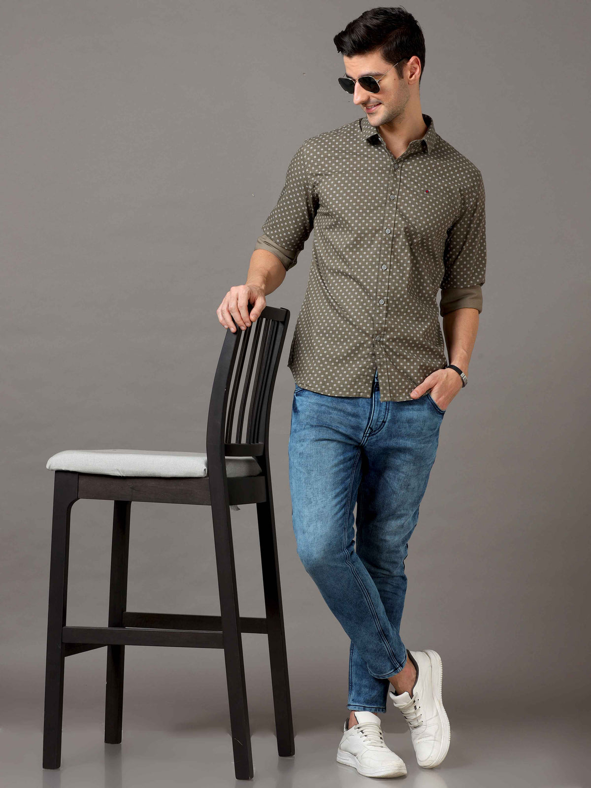 Men's Green Slim Fit Printed Full Sleeves Casual Shirts