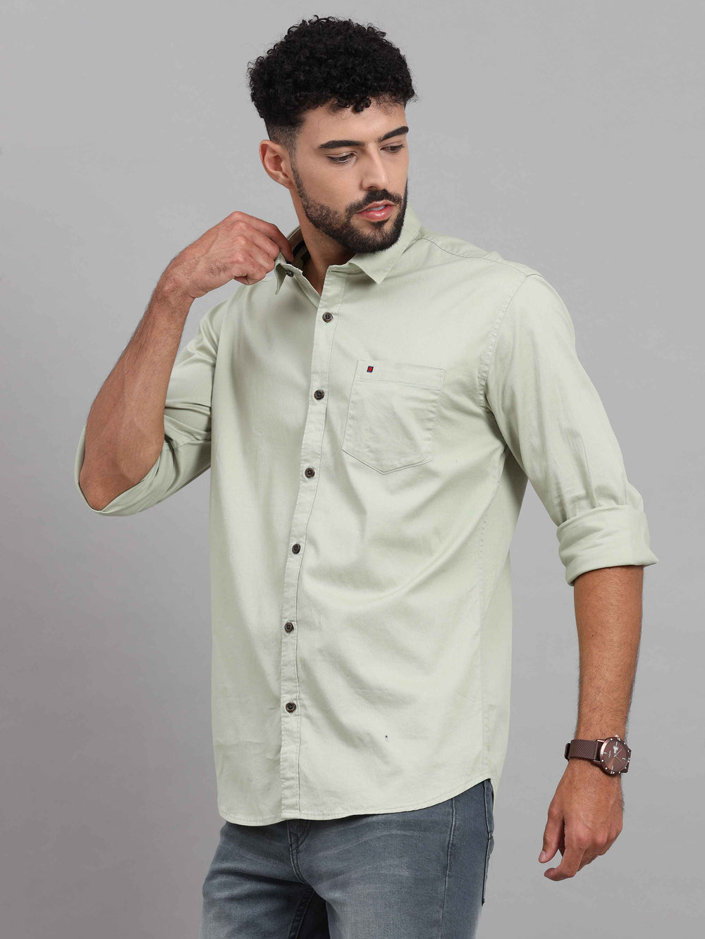Men's Pistachio Green Slim Fit Solid Full Sleeves Casual Shirts