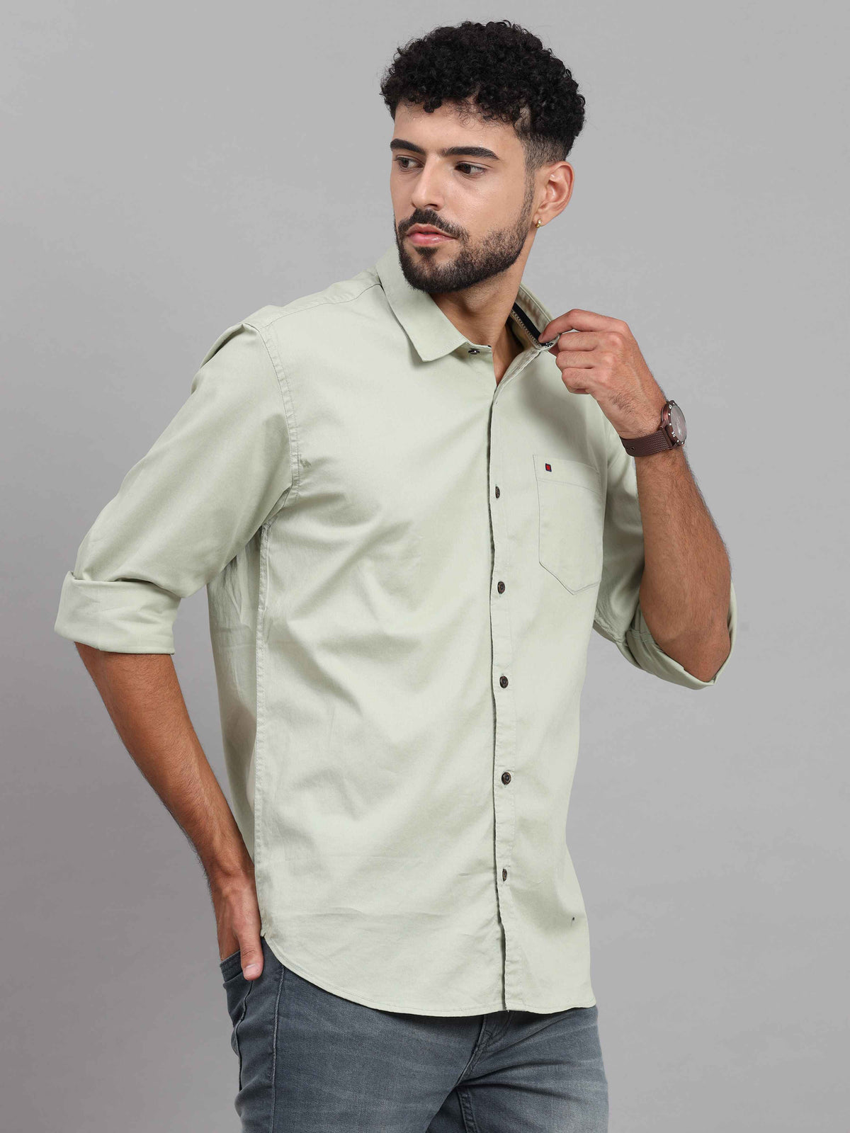 Men's Pistachio Green Slim Fit Solid Full Sleeves Casual Shirts