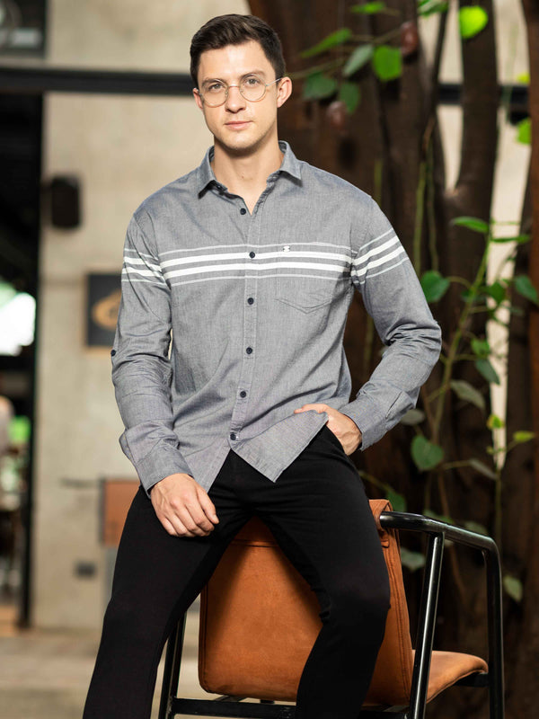 Men's Grey Slim Fit Stripes Full Sleeves Casual Shirts