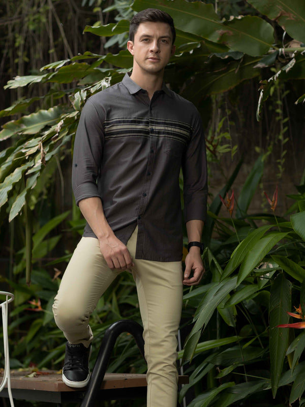 Men's Dark Grey Slim Fit Stripes Full Sleeves Casual Shirts