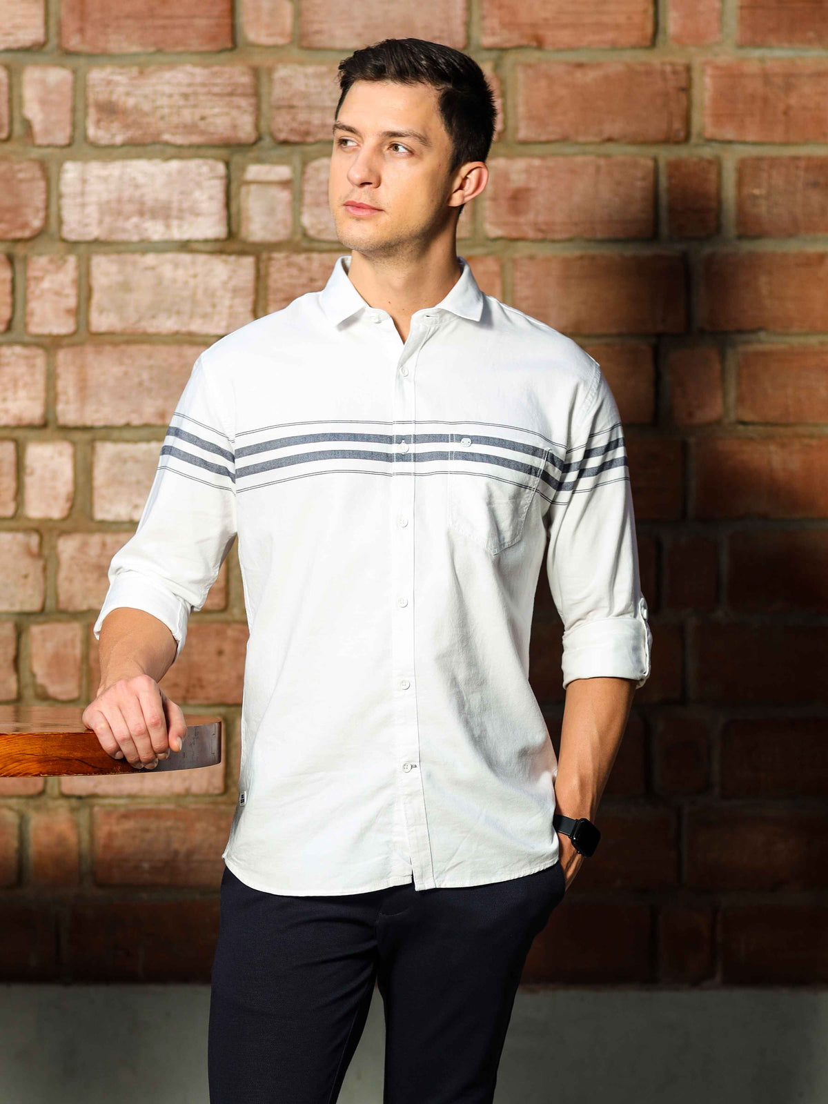 Shop Men's White Slim Fit Stripes Full Sleeves Casual Shirts Online.