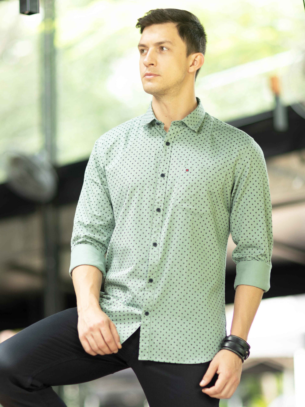 Men's Light Green Slim Fit Printed Full Sleeves Casual Shirts