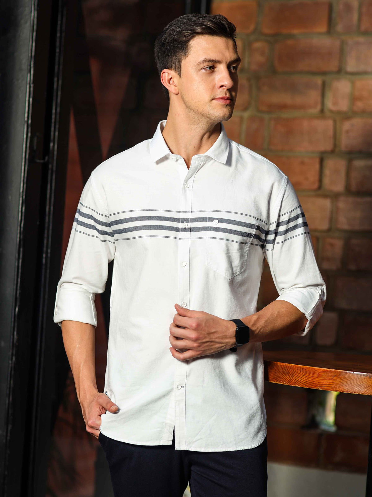 Shop Men's White Slim Fit Stripes Full Sleeves Casual Shirts Online.