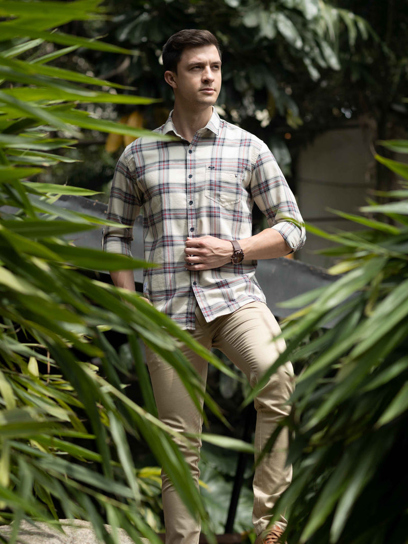 Shop Men's Beige Slim Fit Checks Full Sleeves Casual Shirts Online.