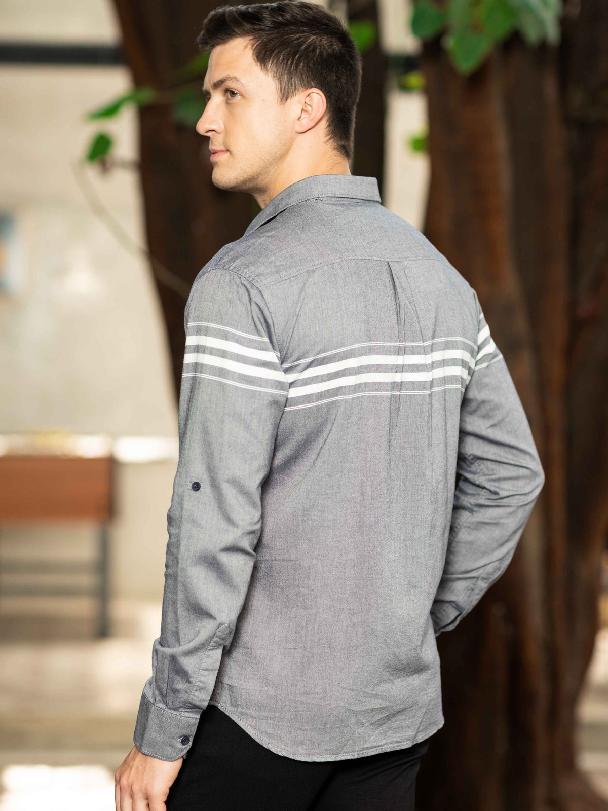 Shop Men's Grey Slim Fit Stripes Full Sleeves Casual Shirts Online.