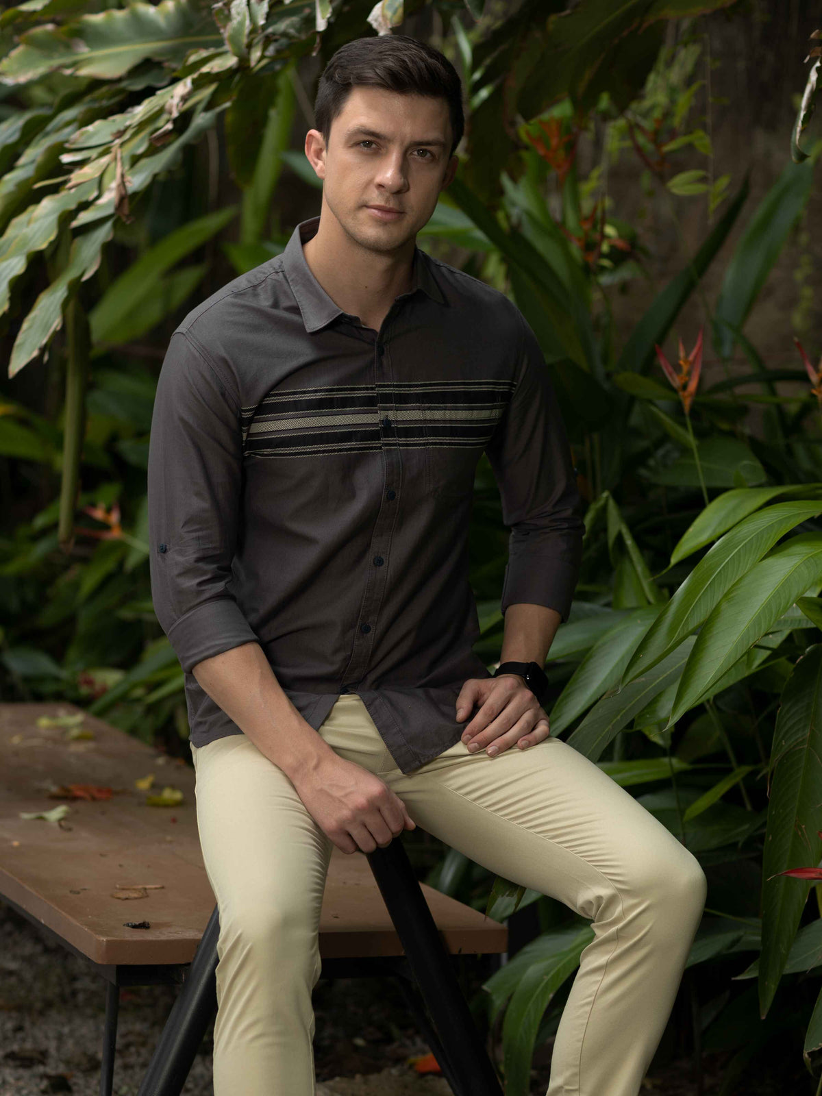Men's Dark Grey Slim Fit Stripes Full Sleeves Casual Shirts
