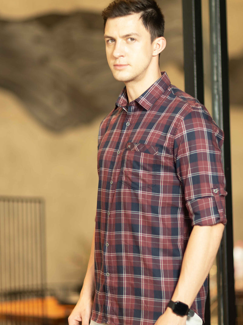 Shop Men's Maroon Slim Fit Checks Full Sleeves Casual Shirts Online.