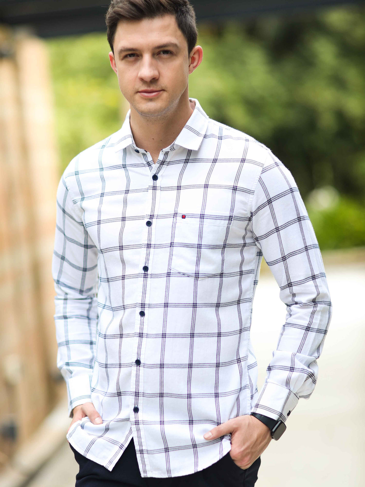 Men's White Slim Fit Checks Full Sleeves Casual Shirts