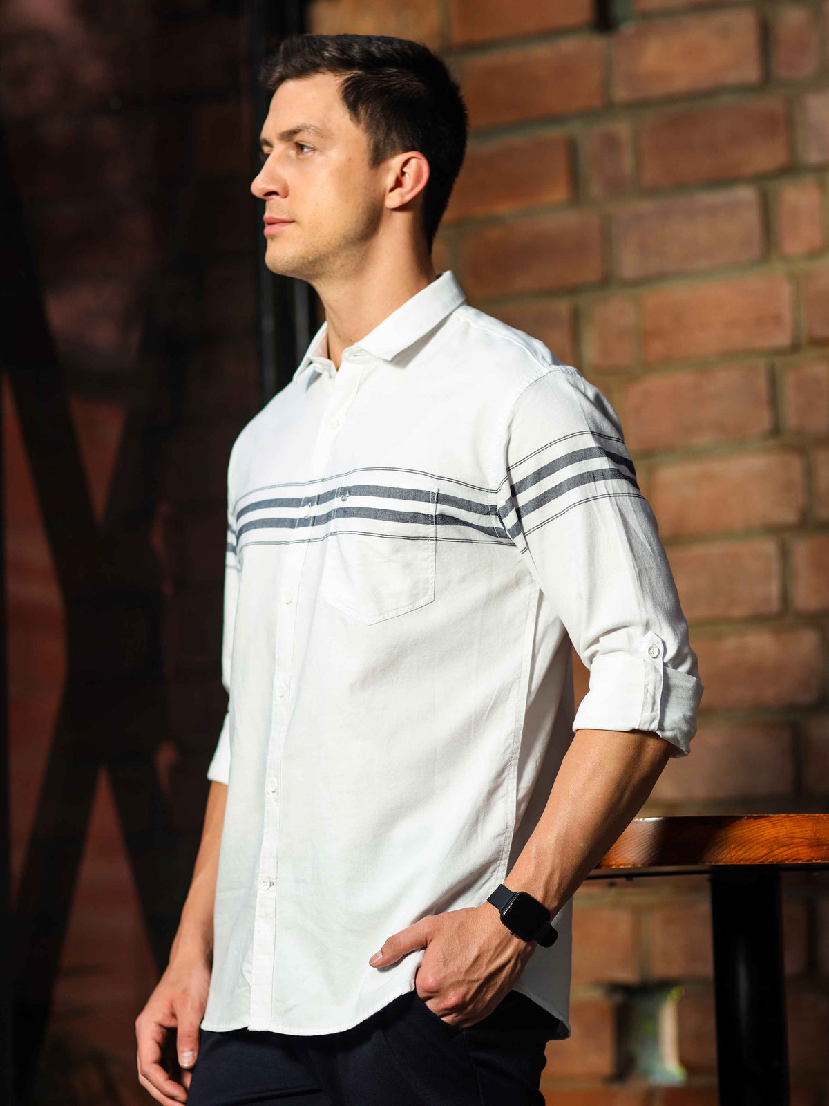 Shop Men's White Slim Fit Stripes Full Sleeves Casual Shirts Online.