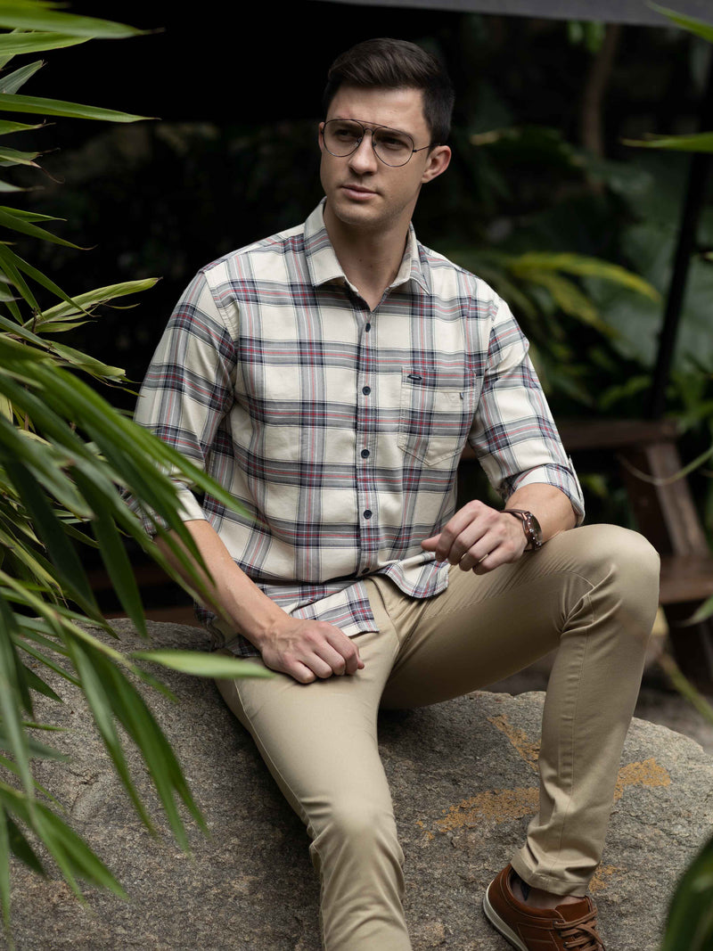 Shop Men's Beige Slim Fit Checks Full Sleeves Casual Shirts Online.