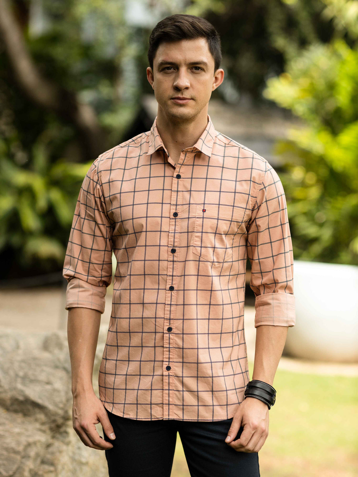 Men's Orange Slim Fit Checks Full Sleeves Casual Shirts