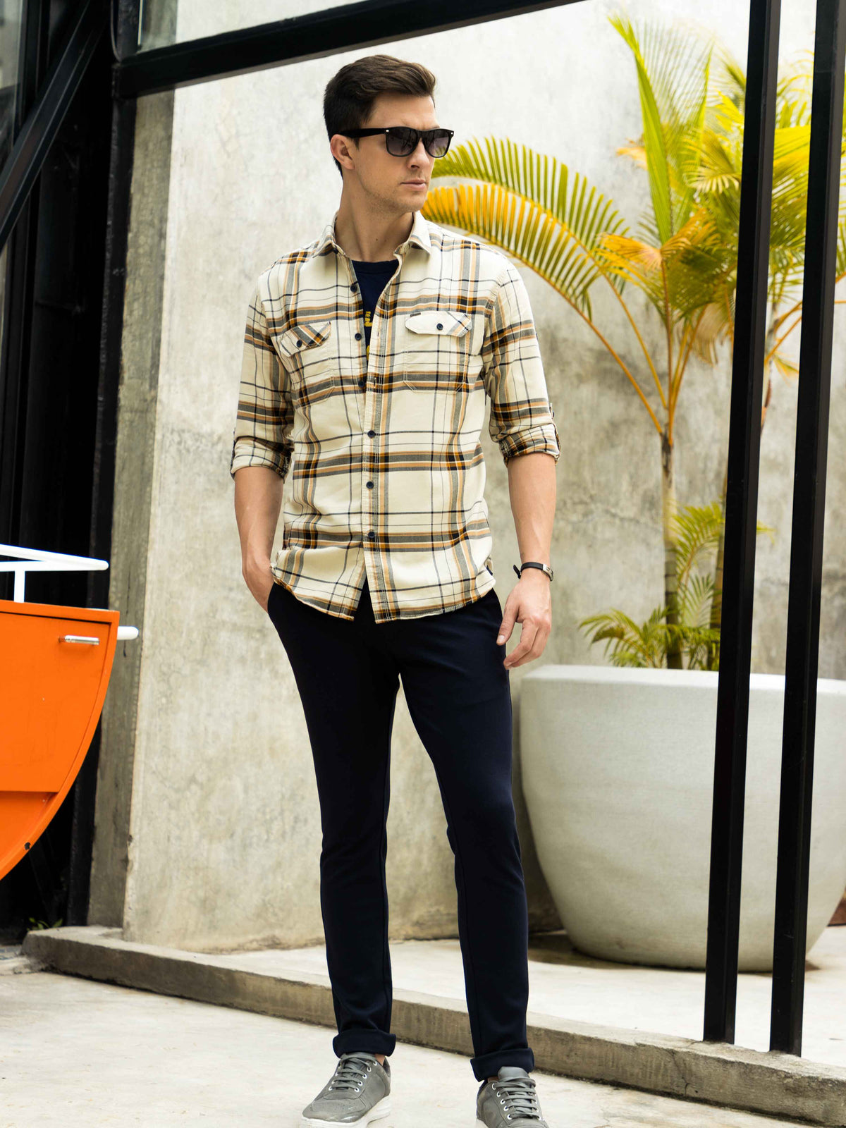 Shop Men's Beige Slim Fit Checks Full Sleeves Casual Shirts With Inside Attached T-shirt Online.