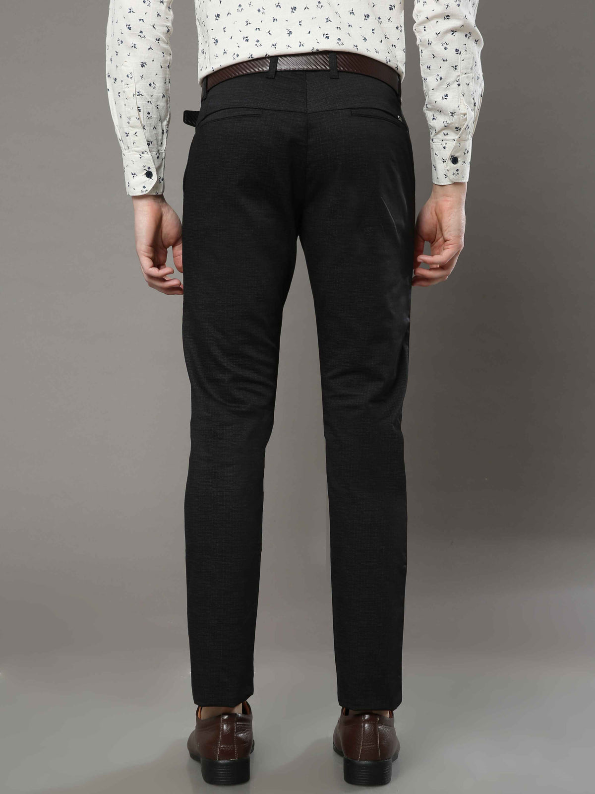 Men's Black Narrow Fit Printed Lycra Casual Trouser