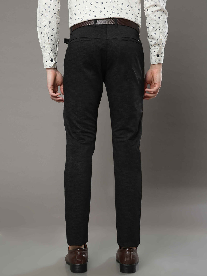 Shop Men's Black Narrow Fit Printed Lycra Casual Trouser Online.