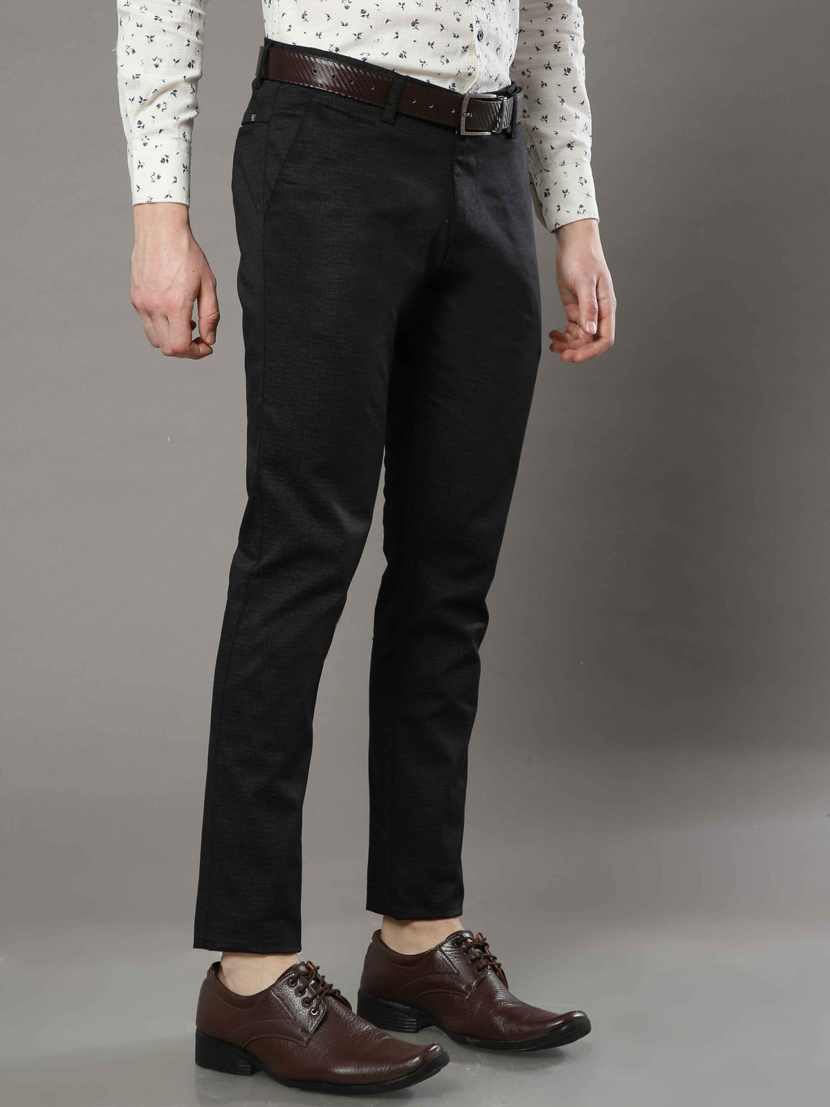 Men's Black Narrow Fit Printed Lycra Casual Trouser