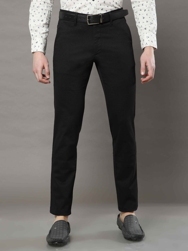 Shop Men's Black Narrow Fit Printed Lycra Casual Trouser Online.