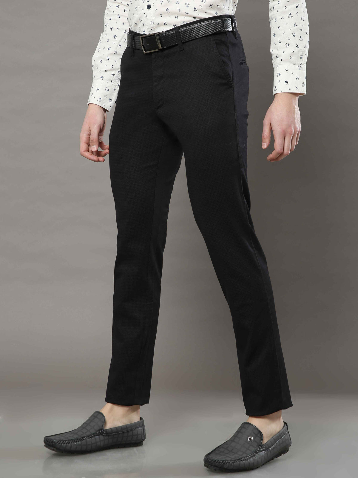 Men's Black Narrow Fit Printed Lycra Casual Trouser