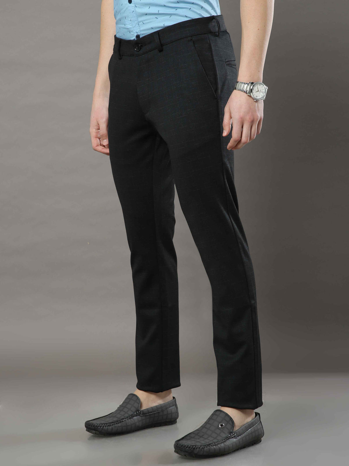 Men's Black Narrow Fit Checks Lycra Casual Trouser