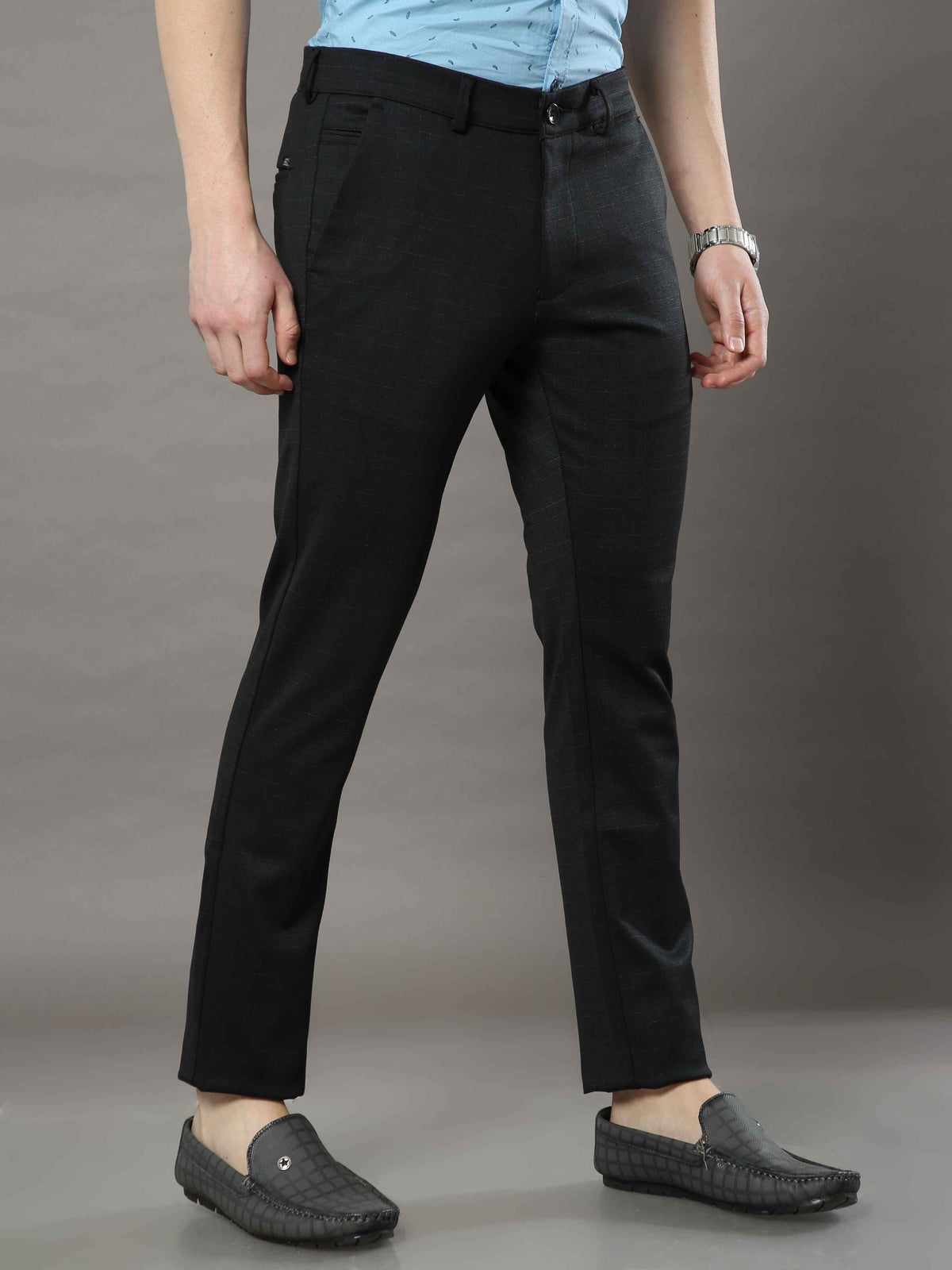 Men's Black Narrow Fit Checks Lycra Casual Trouser