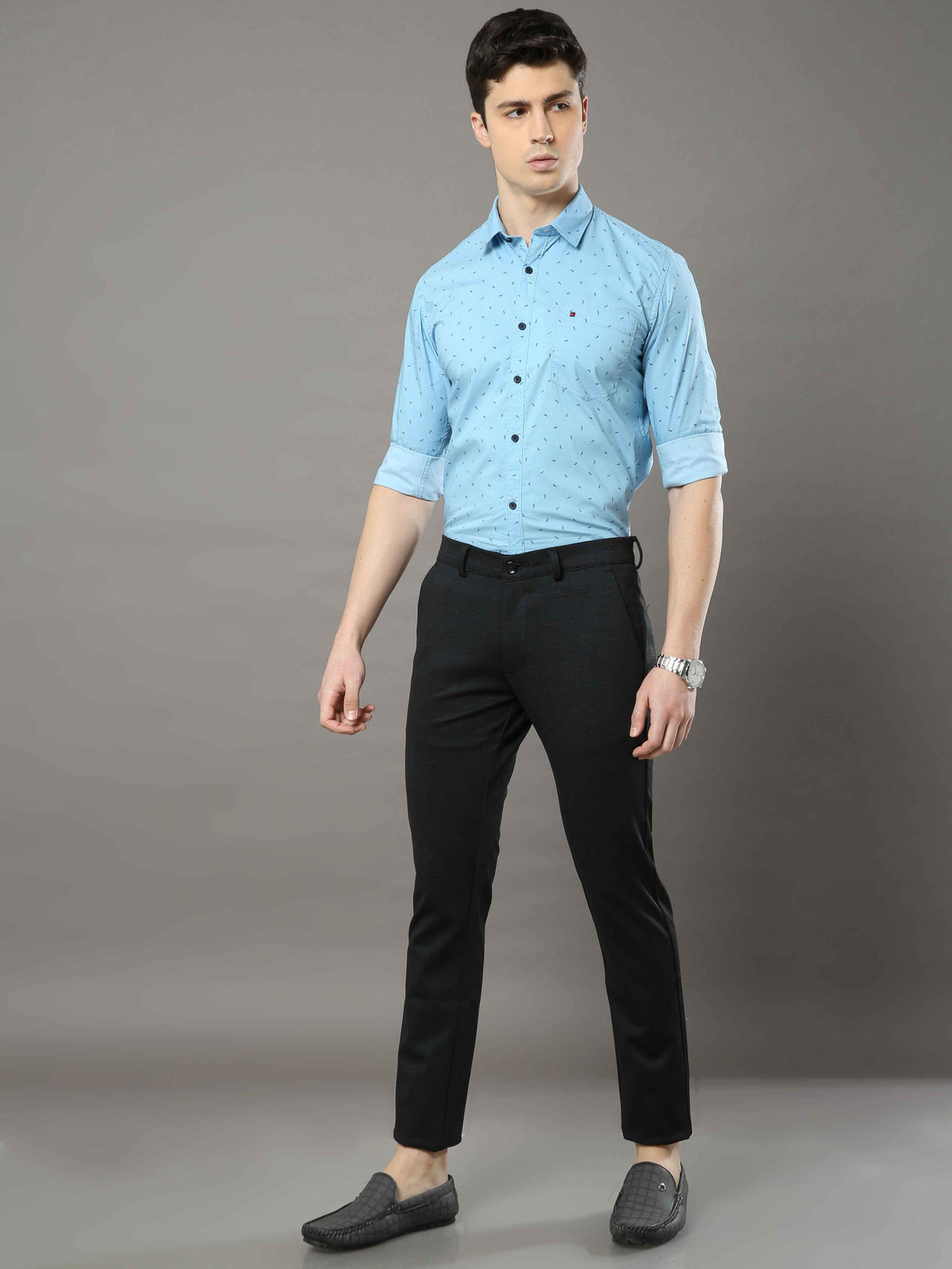 Shop Men's Black Narrow Fit Checks Lycra Casual Trouser Online.