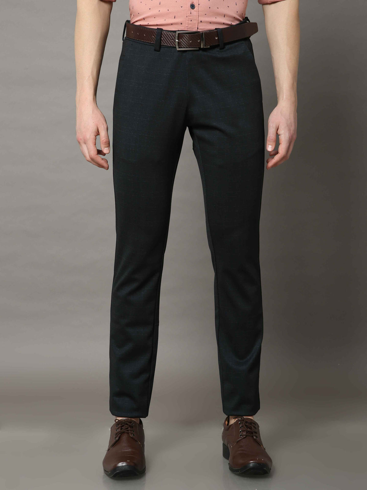 Shop Men's Navy Narrow Fit Checks Lycra Casual Trouser Online.