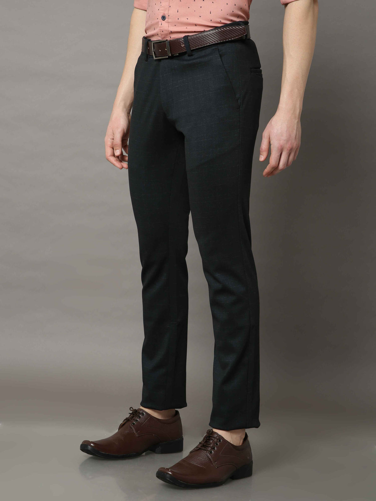 Shop Men's Navy Narrow Fit Checks Lycra Casual Trouser Online.