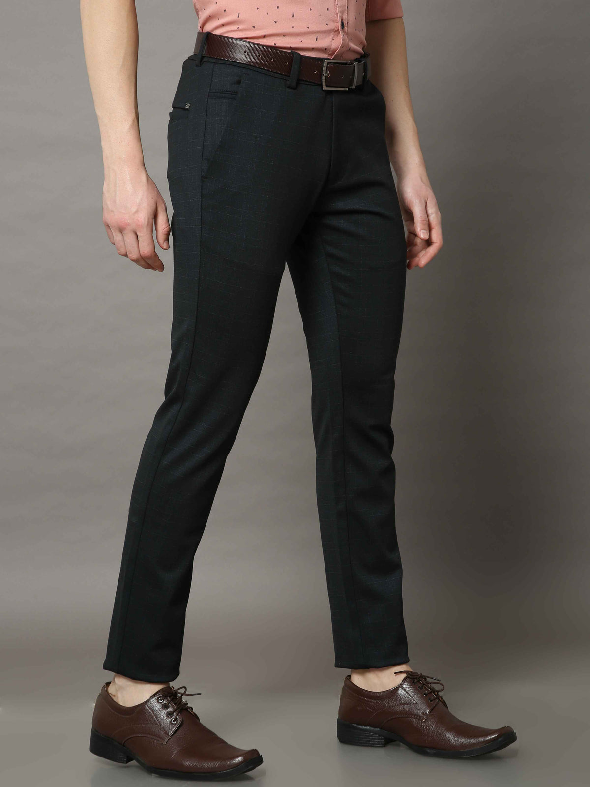 Shop Men's Navy Narrow Fit Checks Lycra Casual Trouser Online.