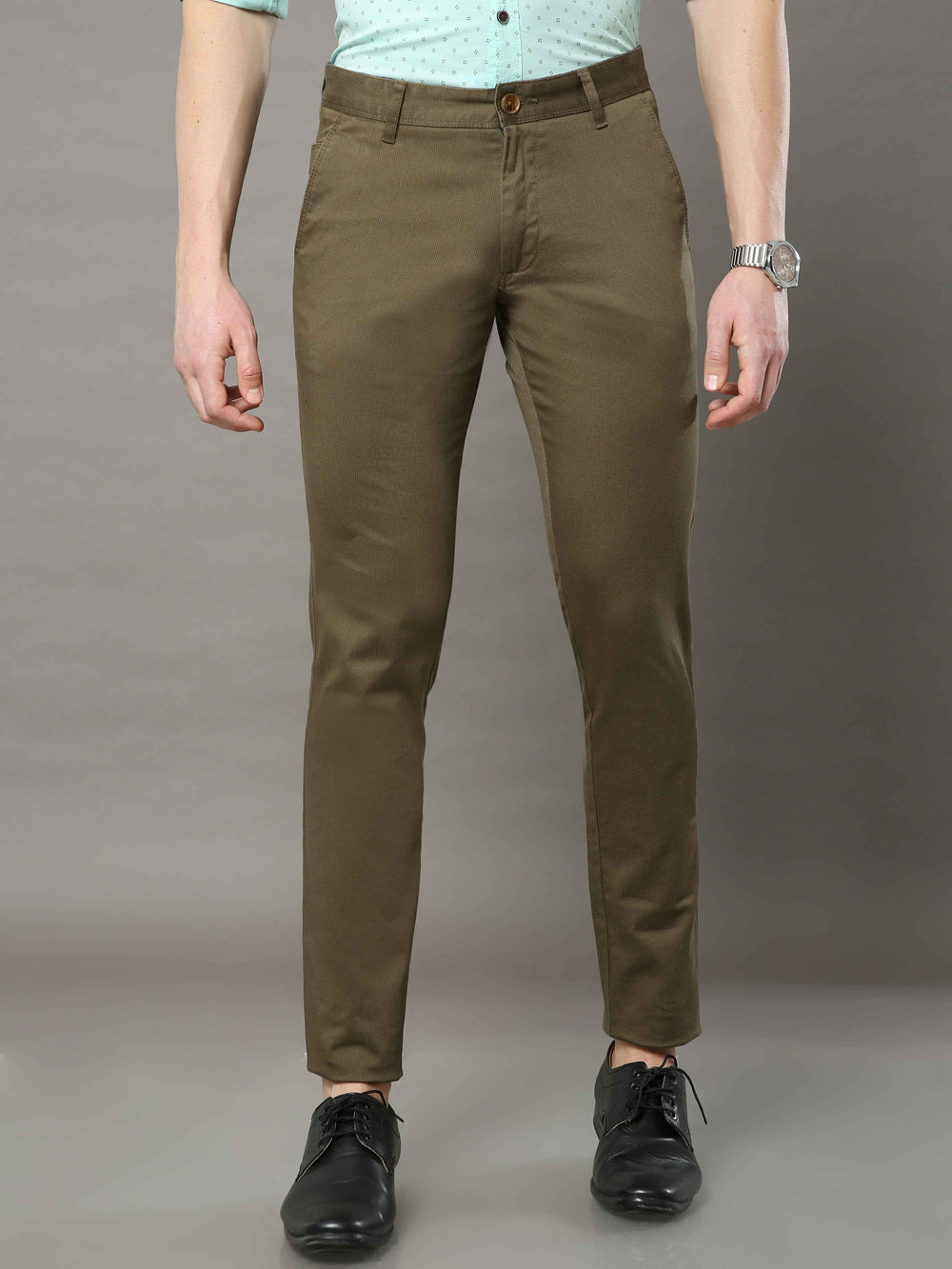 Men's Olive Narrow Fit Printed Casual Trousers
