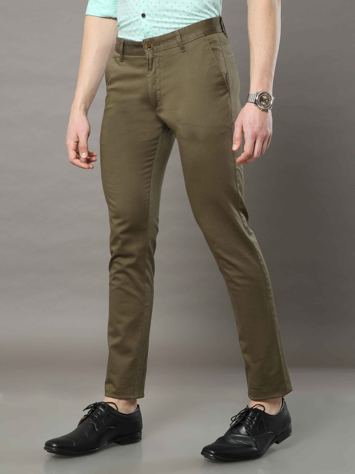 Men's Olive Narrow Fit Printed Casual Trousers