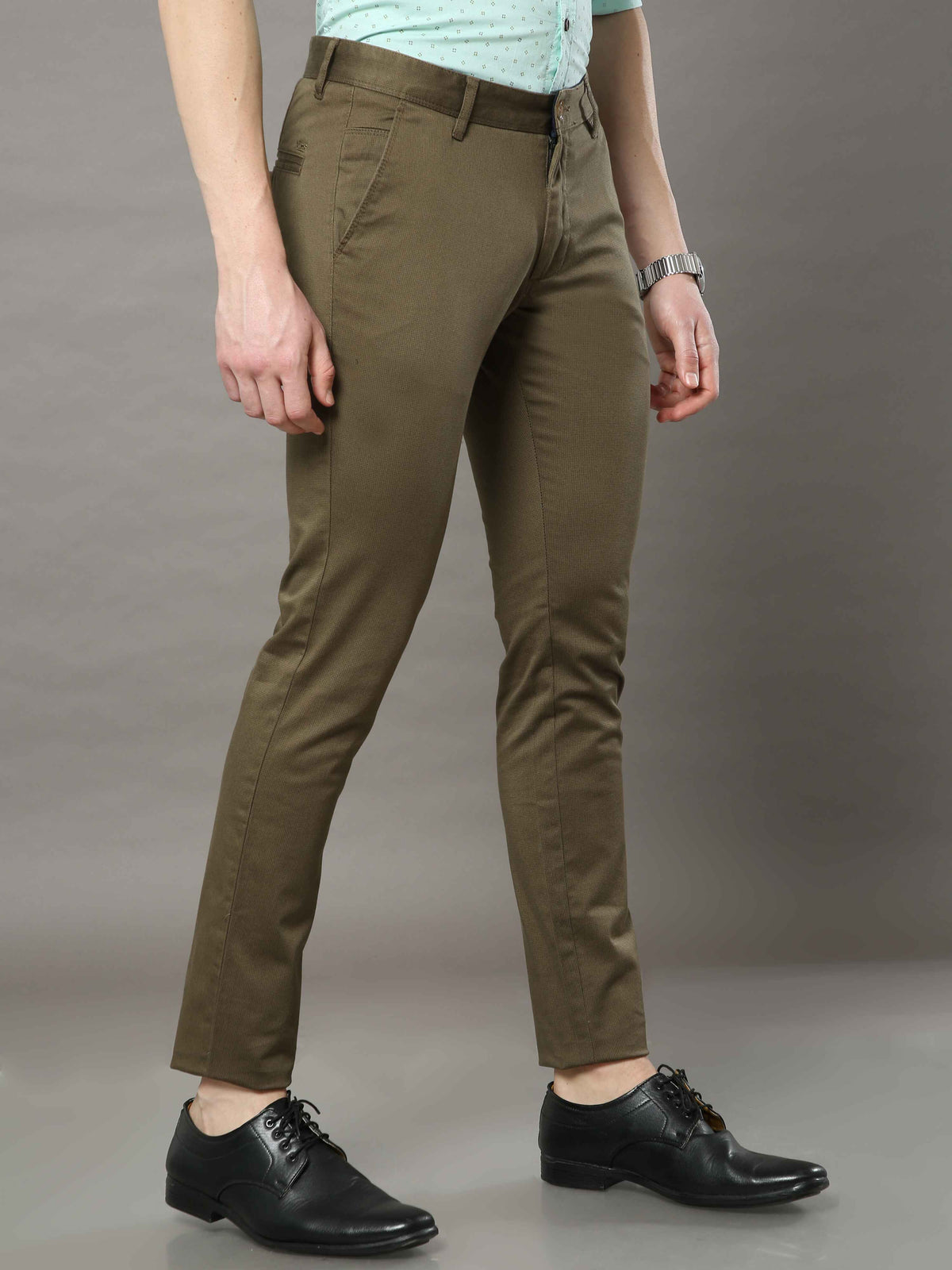 Men's Olive Narrow Fit Printed Casual Trousers