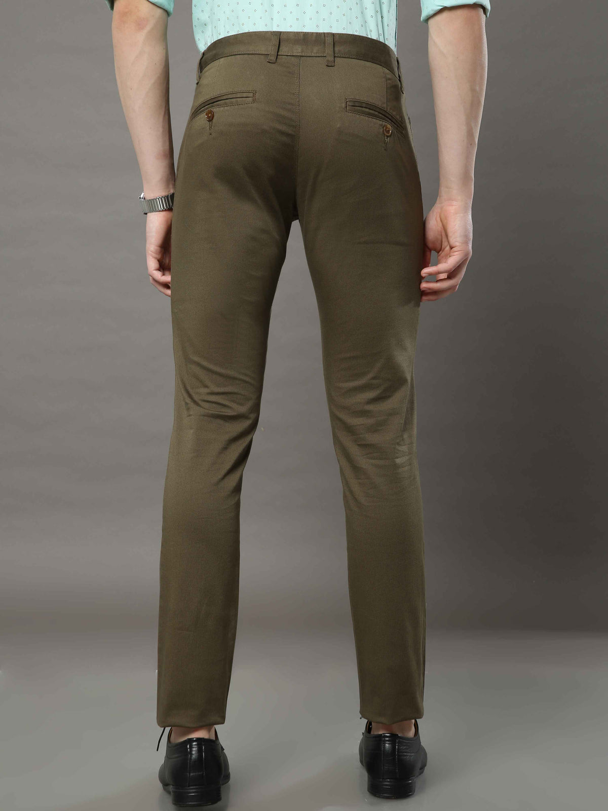 Men's Olive Narrow Fit Printed Casual Trousers