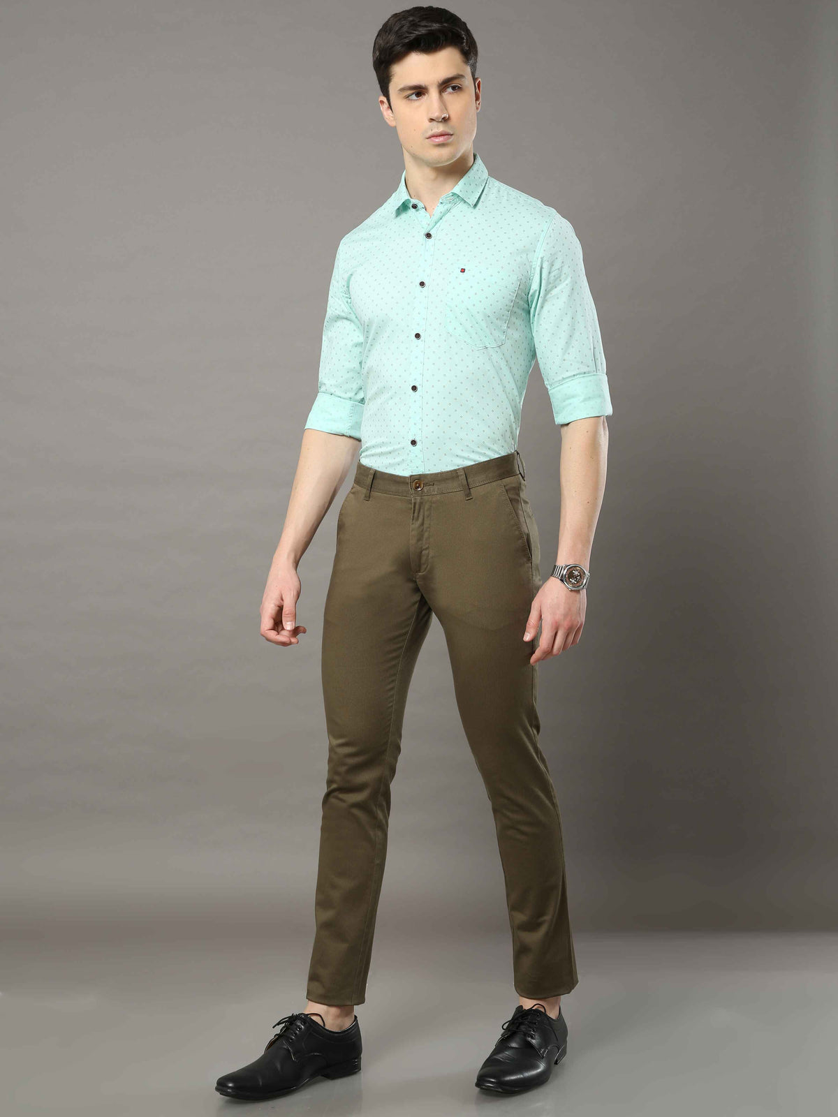 Men's Olive Narrow Fit Printed Casual Trousers