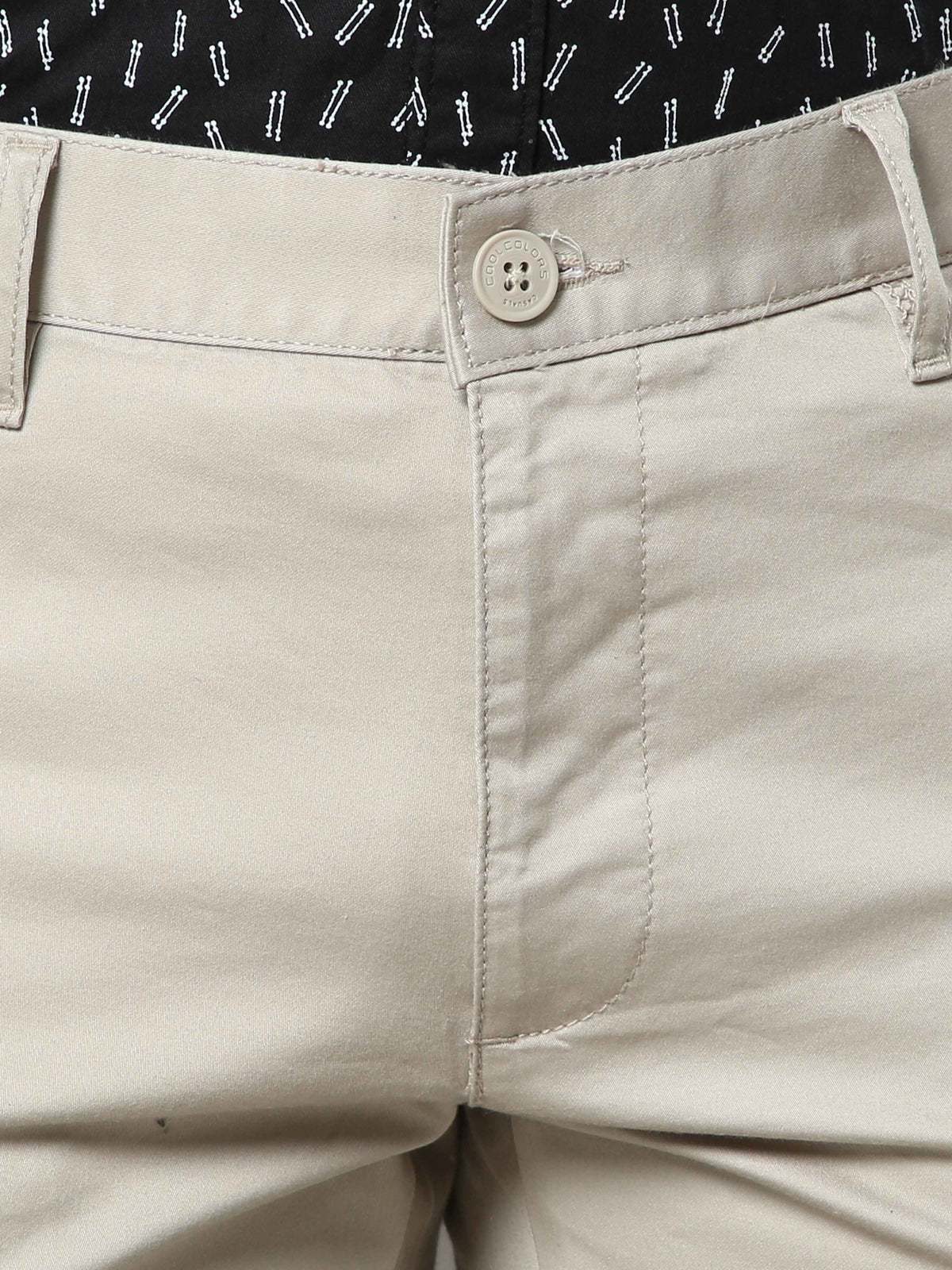 Men's Cream Narrow Fit Solid Lycra Casual Trouser