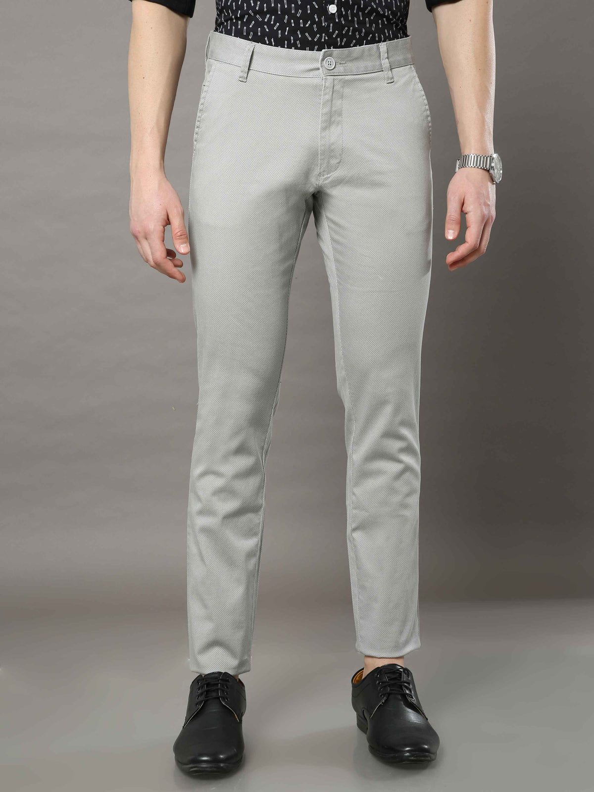 Shop Men's Light Grey Narrow Fit Printed Casual Trouser Online.